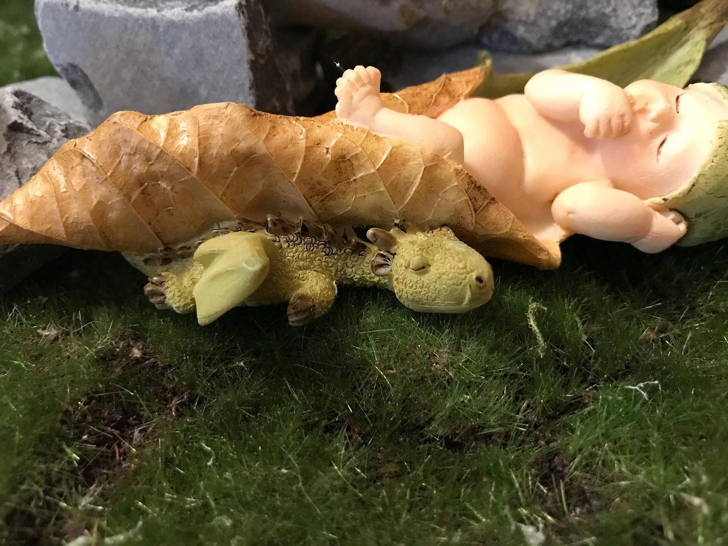 Baby Fairy laying on a leaf with a baby dragon curled up next to her.