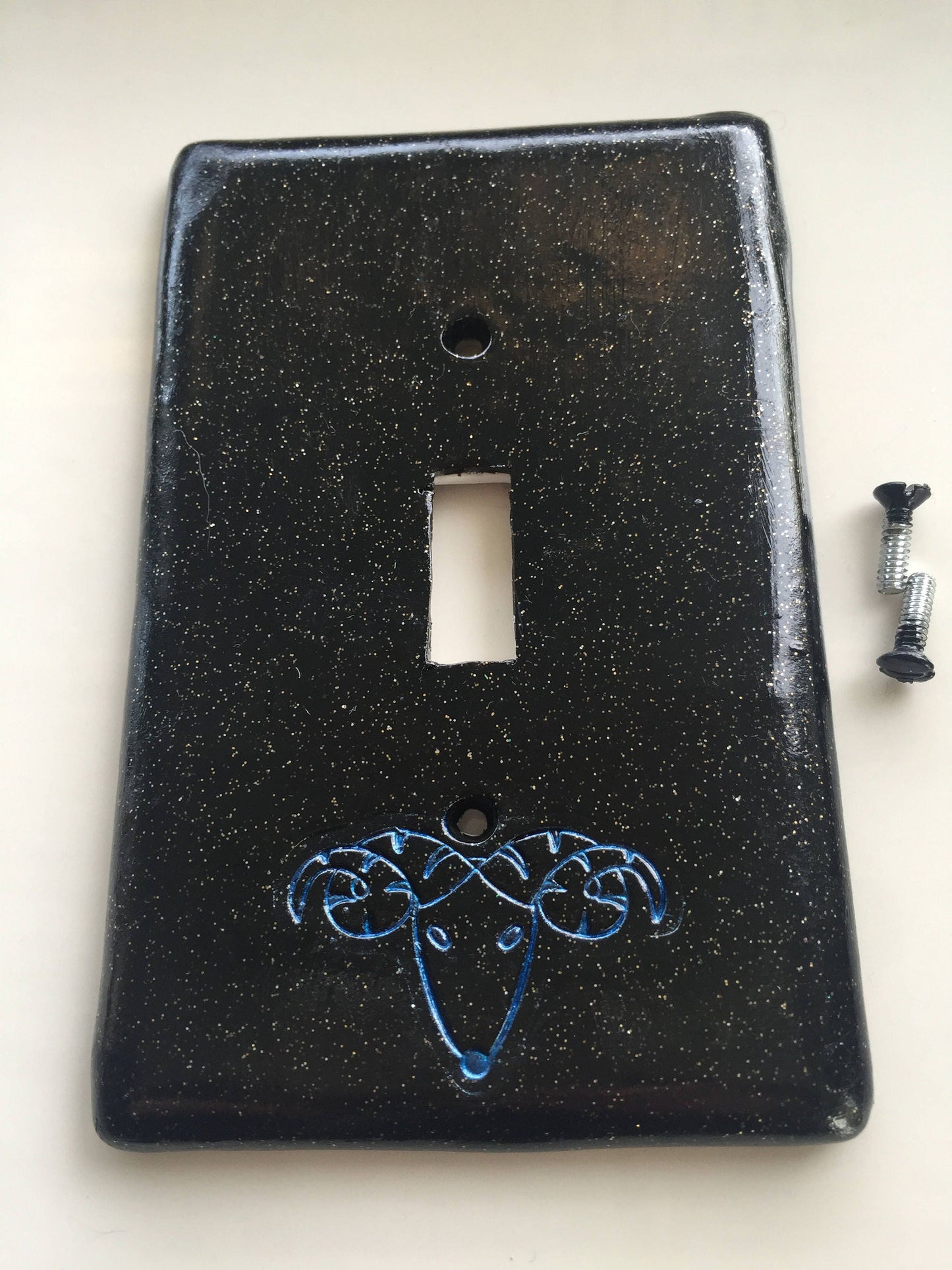 Aries the Ram light switch plate cover for single toggle switch plate cover, black glitter metallic blue custom colors available