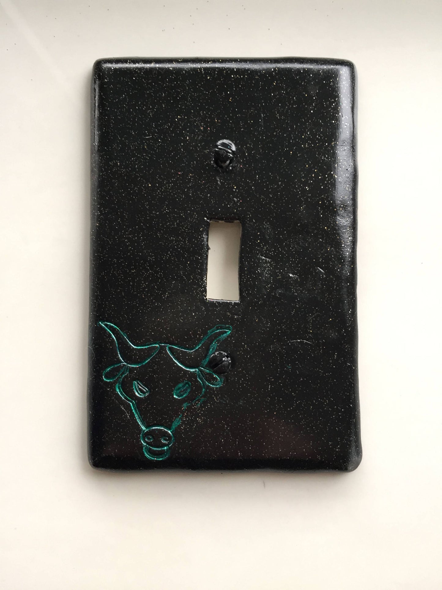 Taurus The Bull light switch plate cover for single toggle switch. black with glitter and metallic green bull CUSTOM COLORS AVAILABLE