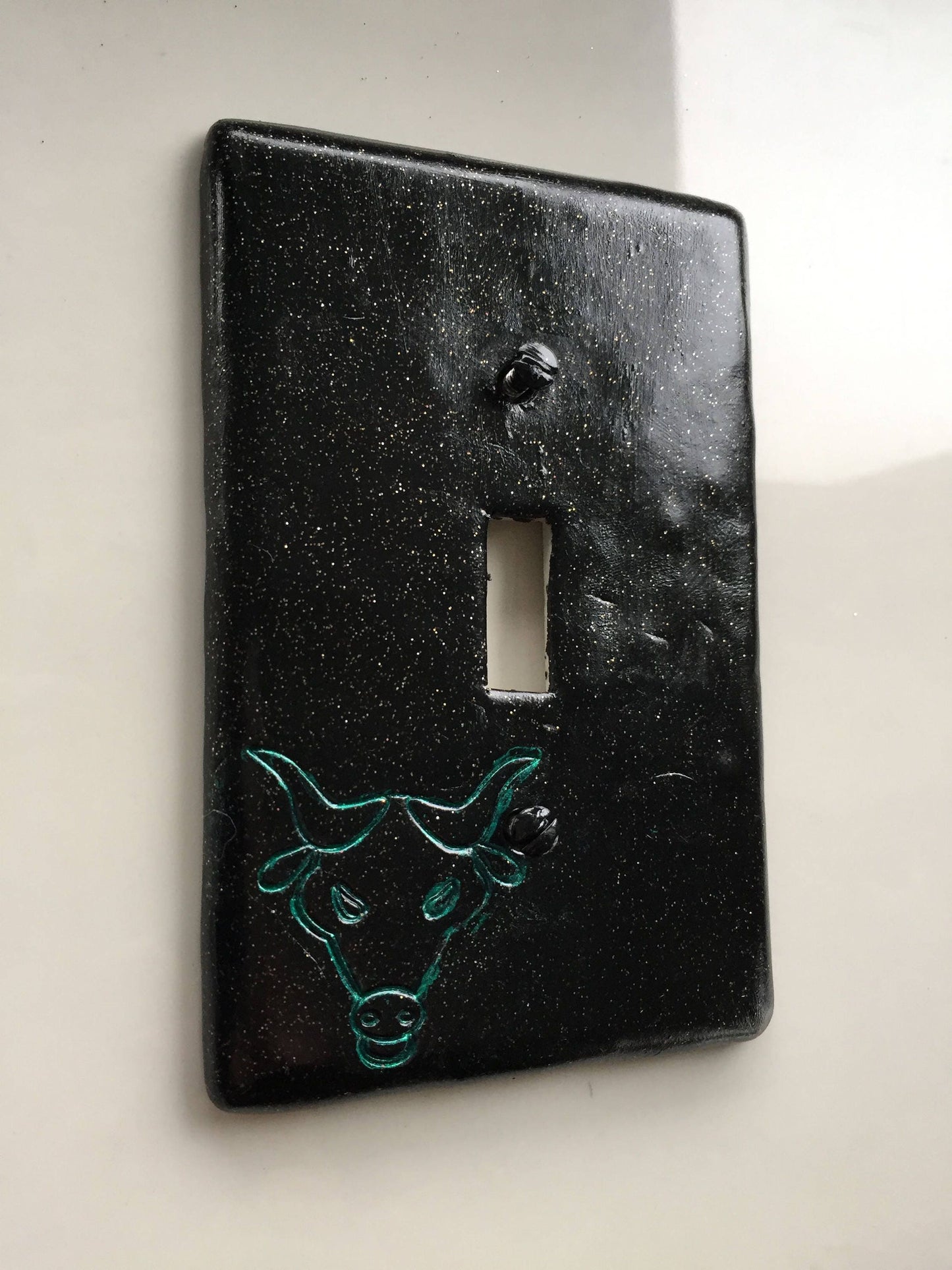 Taurus The Bull light switch plate cover for single toggle switch. black with glitter and metallic green bull CUSTOM COLORS AVAILABLE