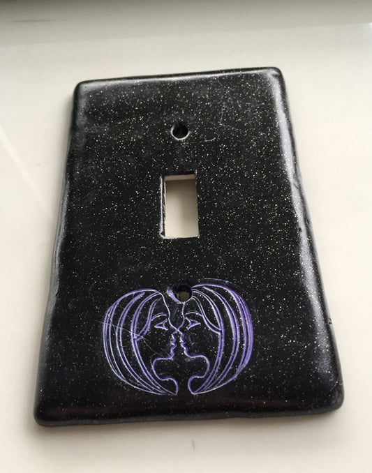 Gemini The Twins light switch plate cover for single toggle switch plate cover, black with glitter metallic purple custom colors available