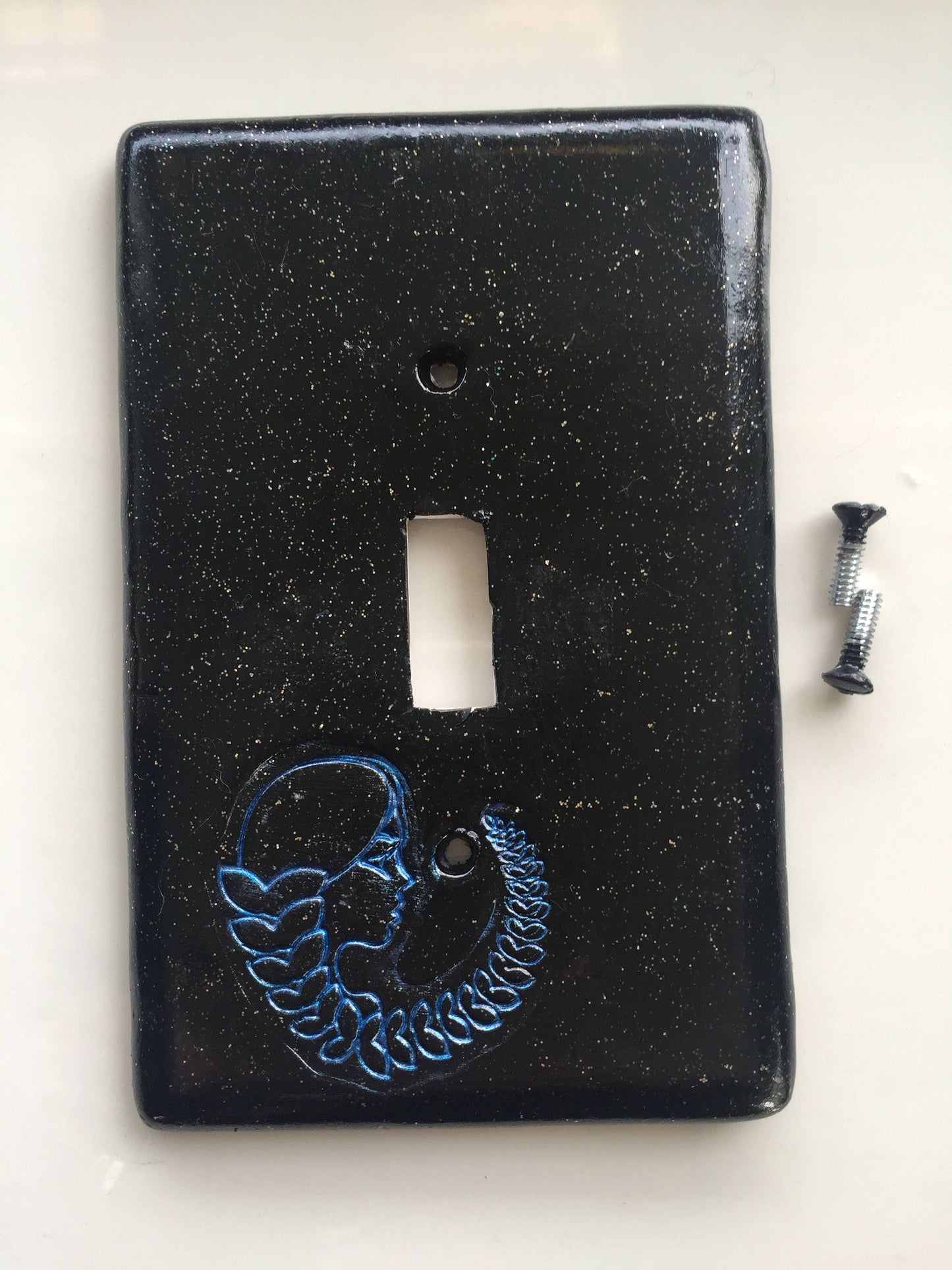 Virgo the Virgin light switch plate cover for single toggle switch plate cover, black with glitter blue metallic custom colors available