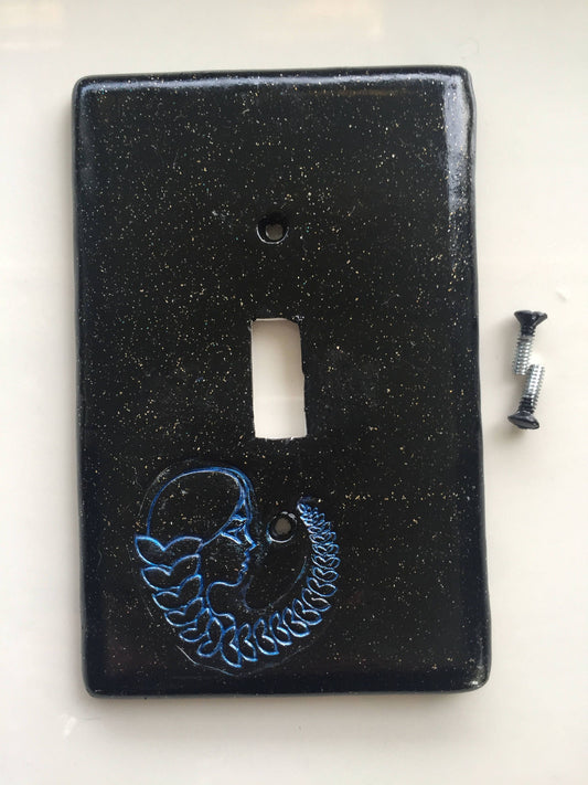 Virgo the Virgin light switch plate cover for single toggle switch plate cover, black with glitter blue metallic custom colors available