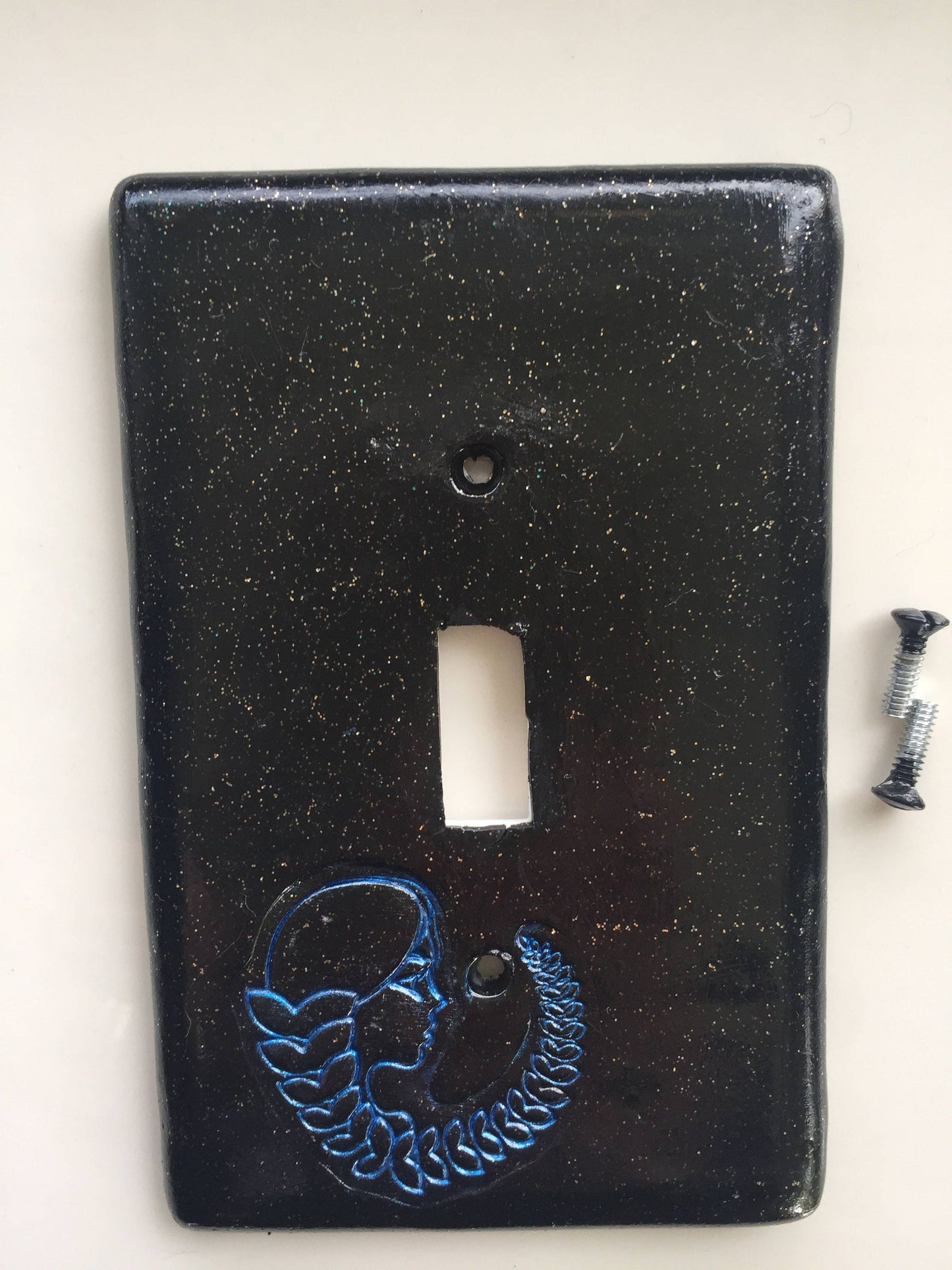 Virgo the Virgin light switch plate cover for single toggle switch plate cover, black with glitter blue metallic custom colors available