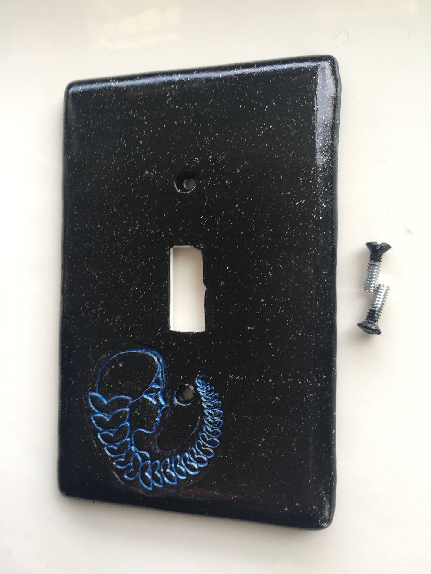Virgo the Virgin light switch plate cover for single toggle switch plate cover, black with glitter blue metallic custom colors available
