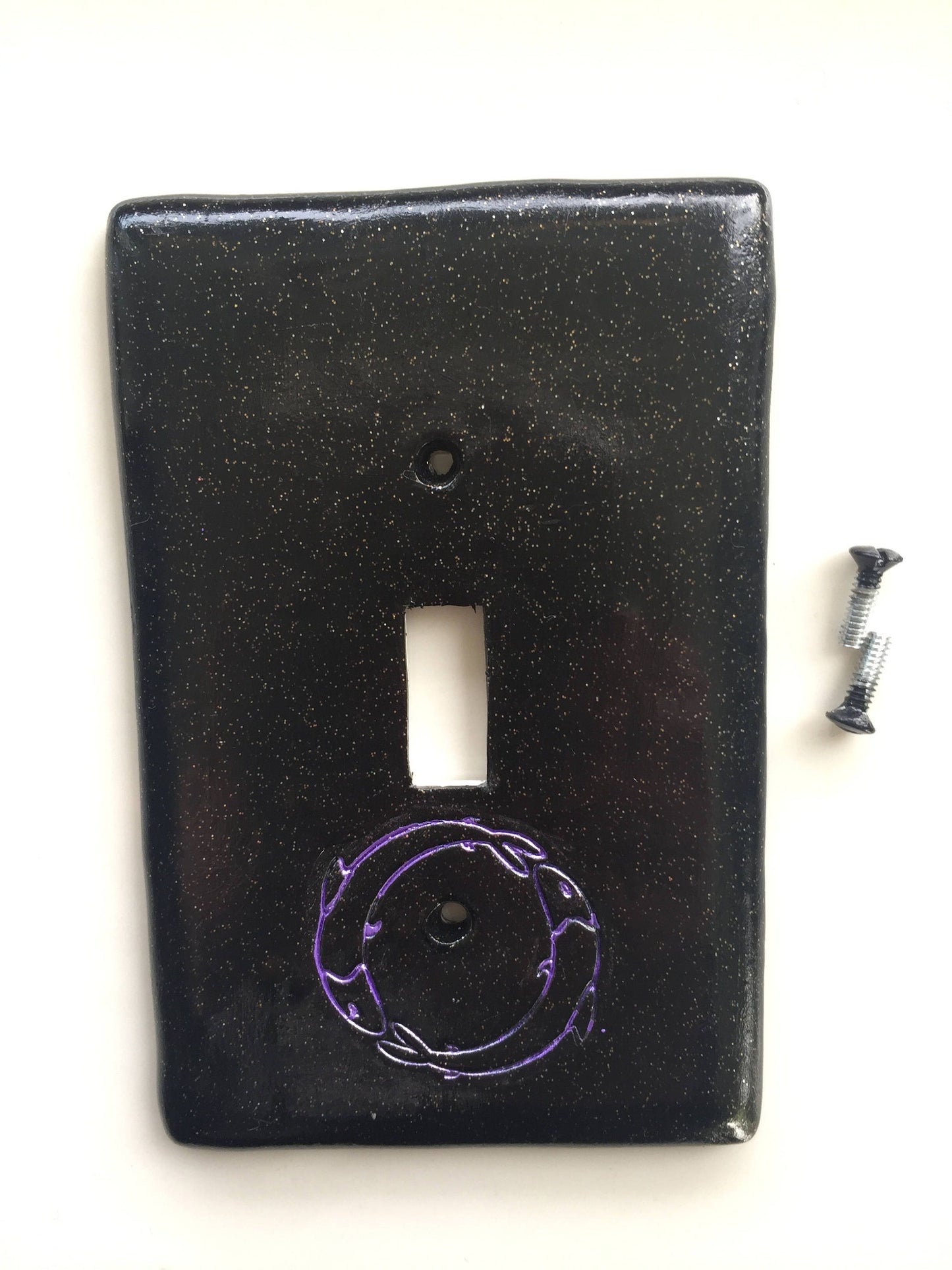 Pisces the fish light switch plate cover for single toggle switch plate cover, black with glitter metallic blue custom colors available