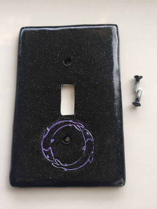 Pisces the fish light switch plate cover for single toggle switch plate cover, black with glitter metallic blue custom colors available
