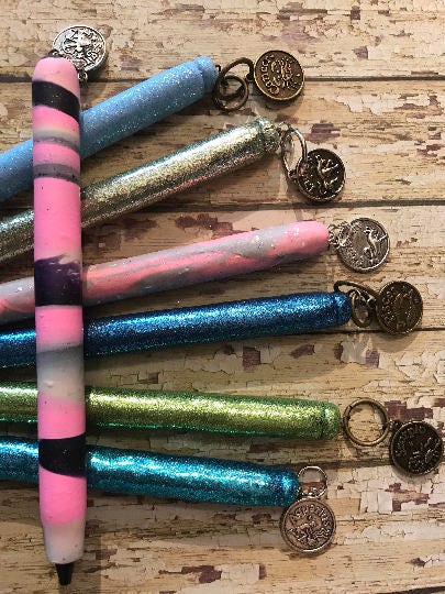 Beautiful purples pinks opal glitters refillable polymer clay pens Blues green sage glitter pen zodiac pens for each astrological sign.