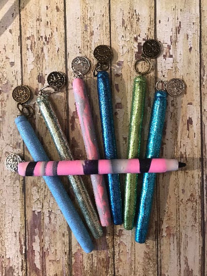 Beautiful purples pinks opal glitters refillable polymer clay pens Blues green sage glitter pen zodiac pens for each astrological sign.