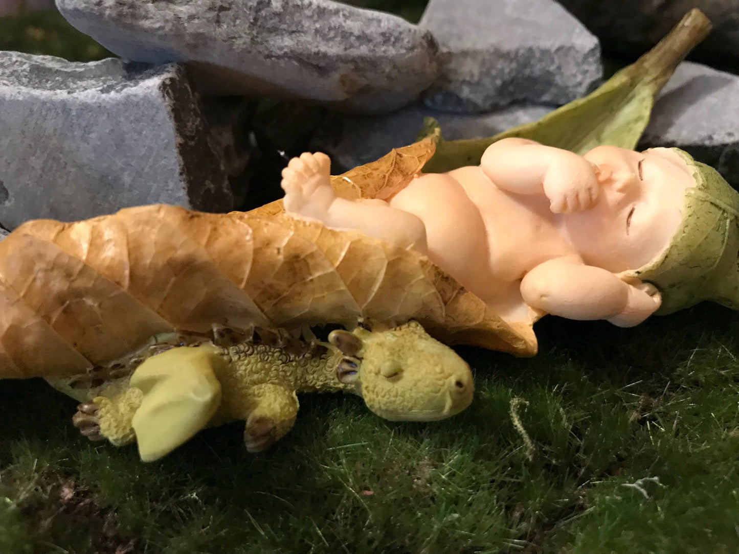 Baby Fairy laying on a leaf with a baby dragon curled up next to her.