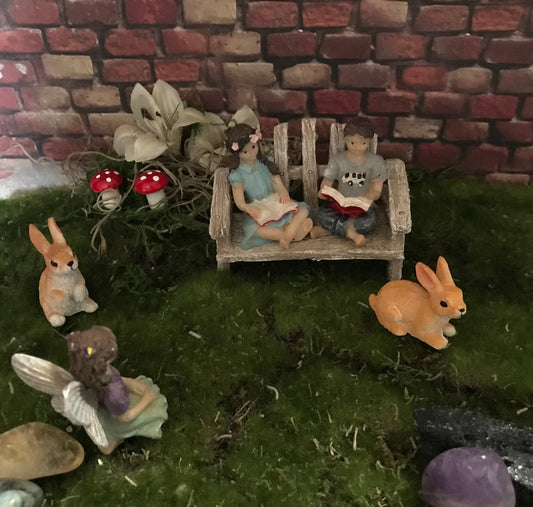 Fairies Day in the Park 3 piece set:  boy fairy girl fairy bench