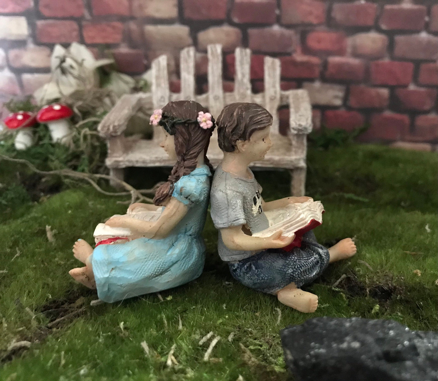 Fairies Day in the Park 3 piece set: boy fairy girl fairy bench