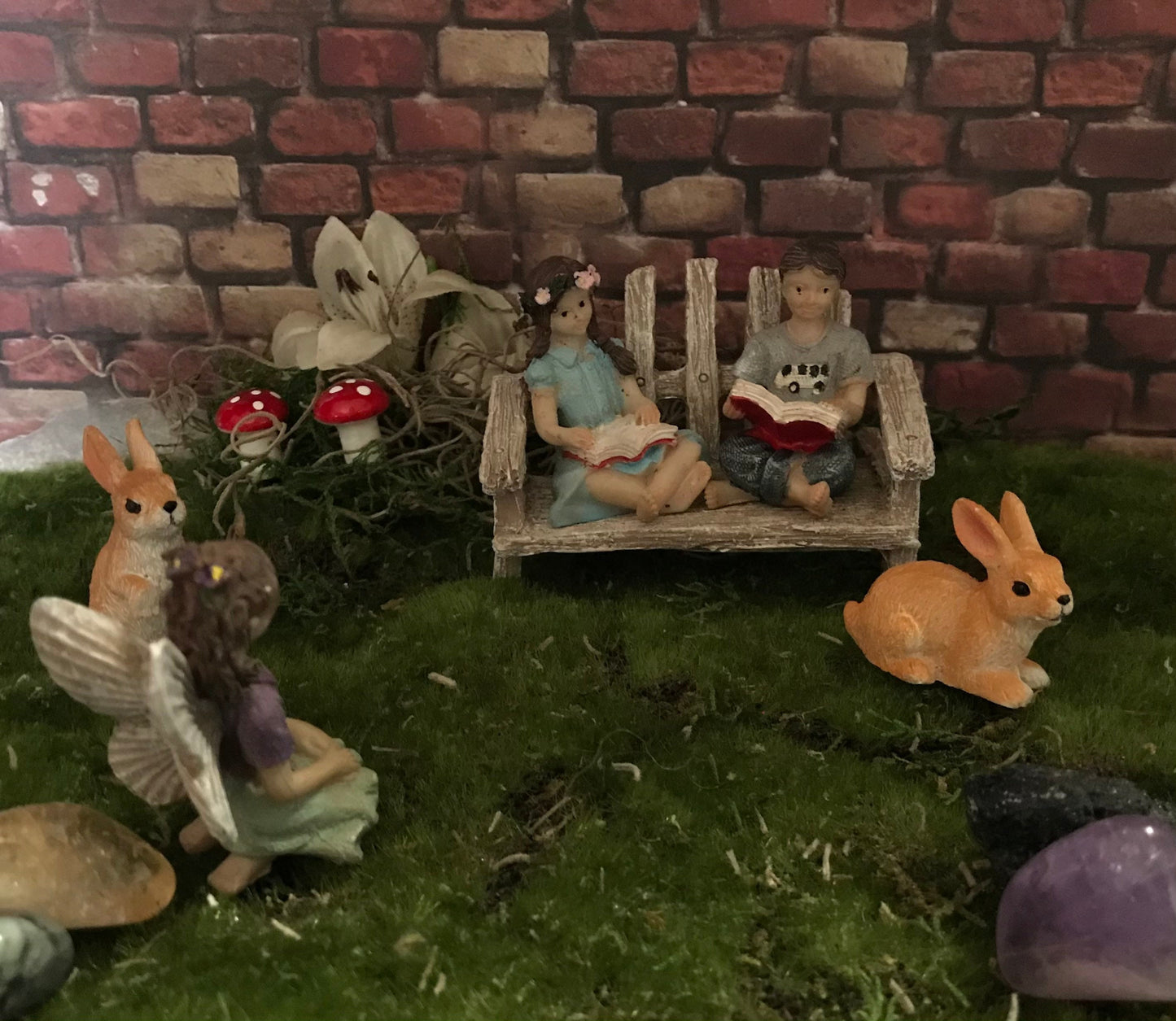Fairies Day in the Park 3 piece set: boy fairy girl fairy bench
