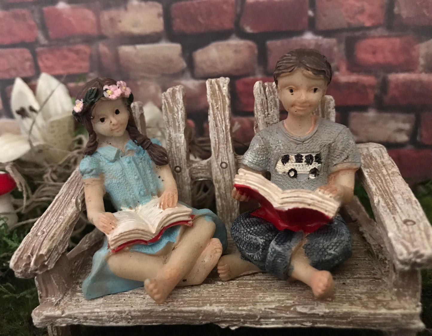 Fairies Day in the Park 3 piece set: boy fairy girl fairy bench