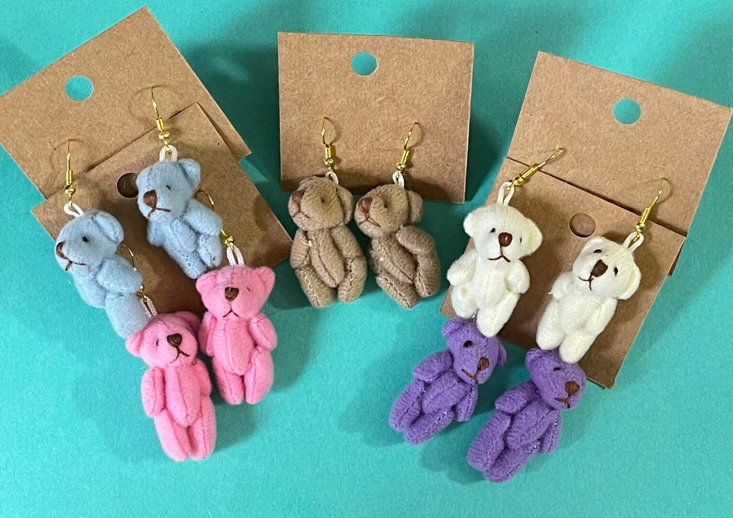 Sweet Teddy Bear earrings dangle earrings blue, brown, lavender, tan and pink earrings