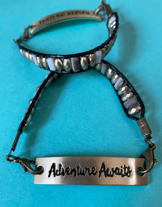 Cute antique gold bracelet with gold and white beads, “Adventure Awaits”!