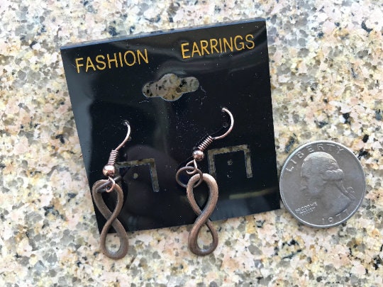 Beautiful Infinity symbol dangle earrings black copper gold or silver earrings