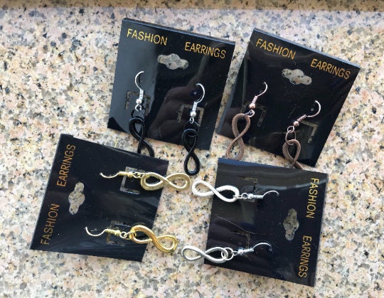 Beautiful Infinity symbol dangle earrings black copper gold or silver earrings