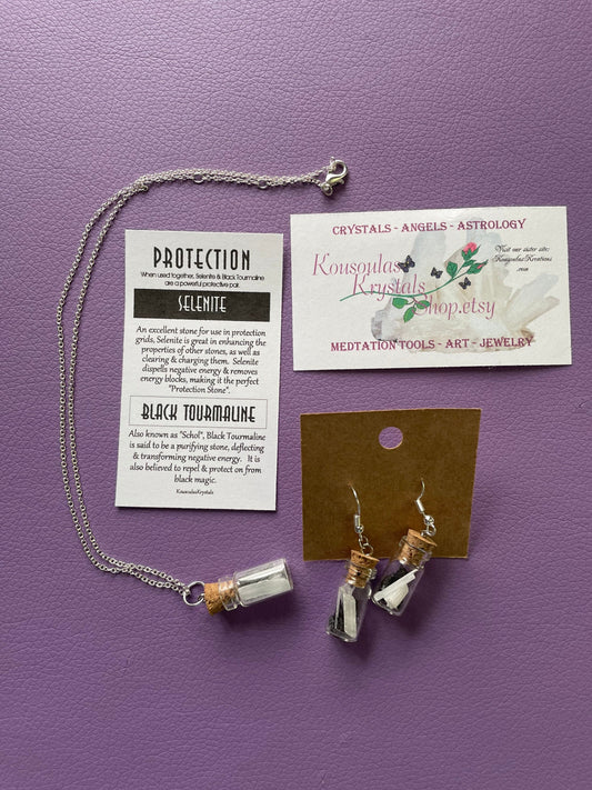 Small bottle earrings and/or necklace filled with a Powerful crystal protection.