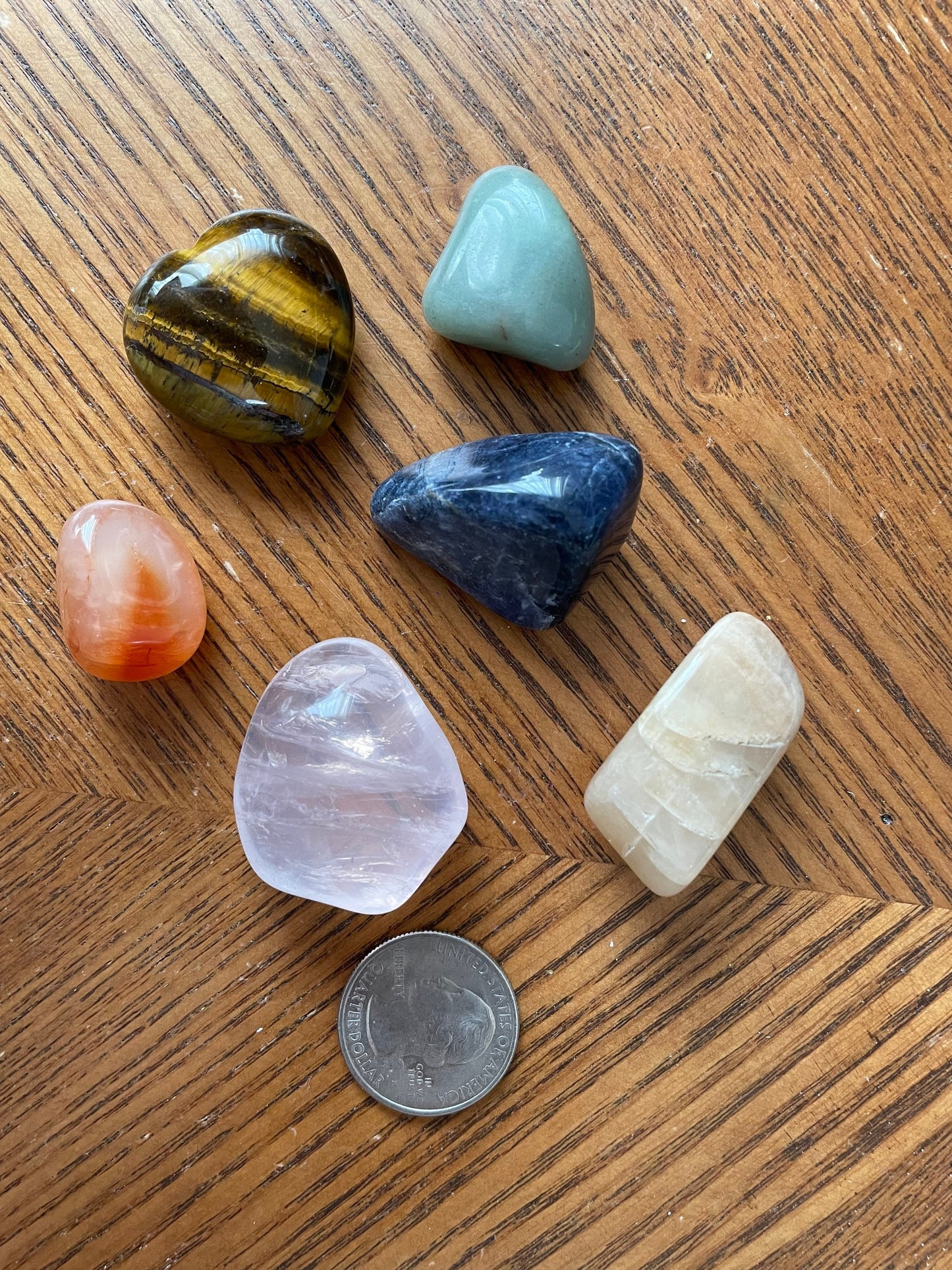 Weight loss crystal set includes 6 large tumbled crystal including a beautiful Tiger's Eye heart.