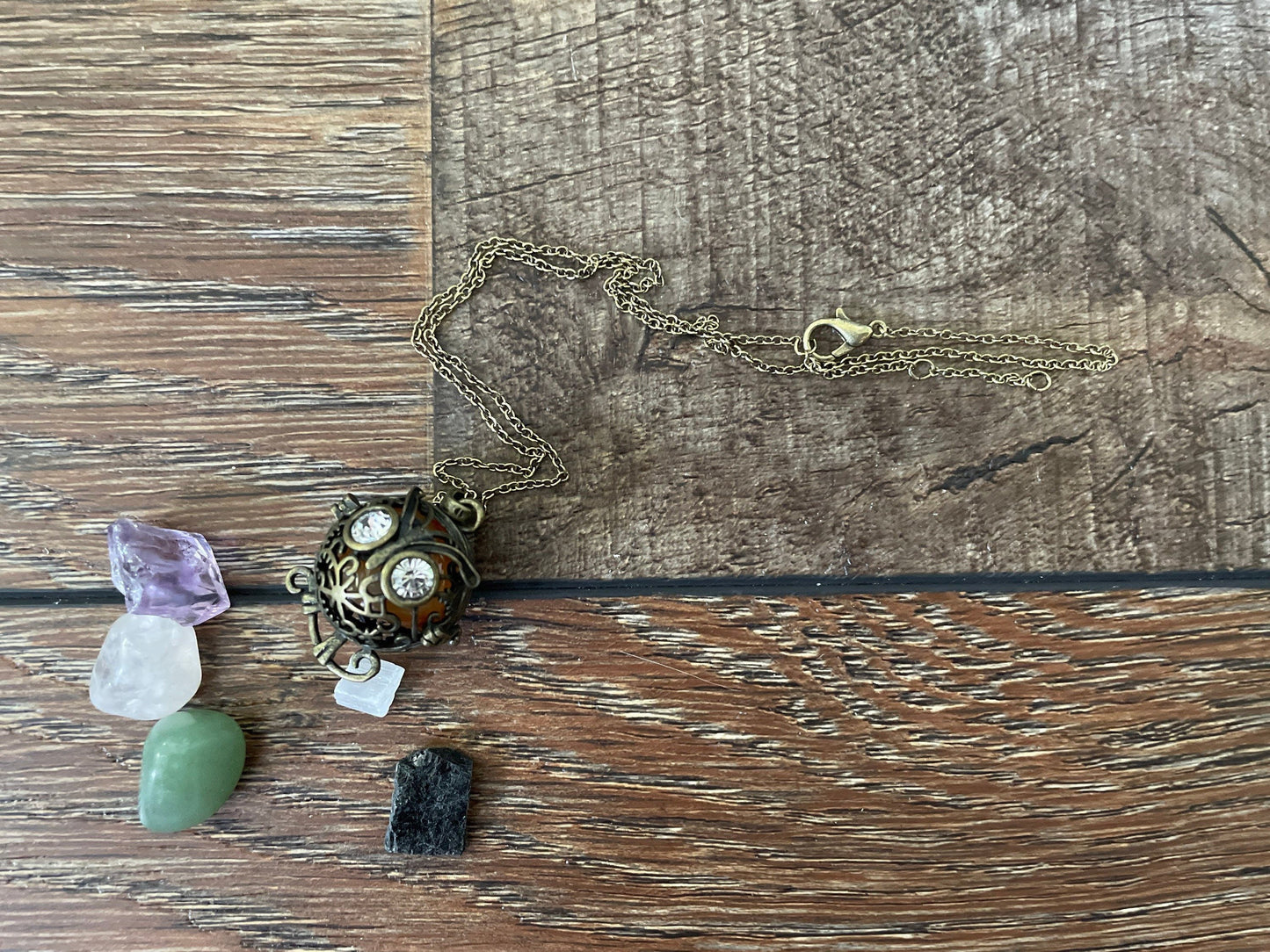 Antique Gold Owl locket with 6 interchangeable crystals on 16” antique gold chain
