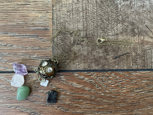 Antique Gold Owl locket with 6 interchangeable crystals on 16” antique gold chain