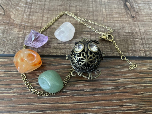 Antique Gold Owl locket with 6 interchangeable crystals on 16” antique gold chain