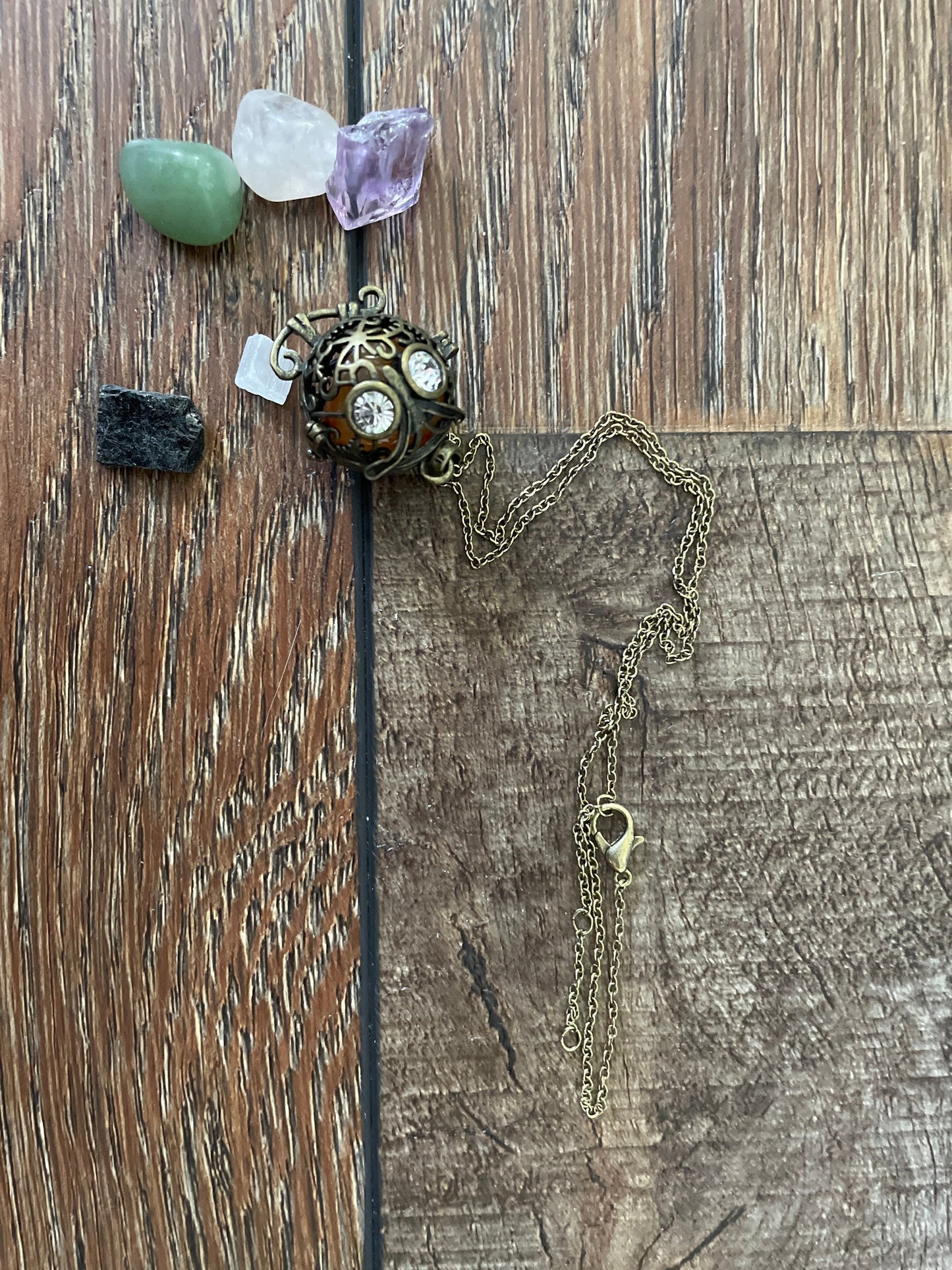 Antique Gold Owl locket with 6 interchangeable crystals on 16” antique gold chain