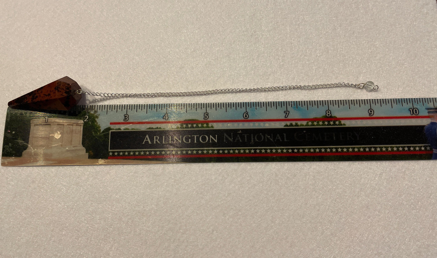 Beautiful Mahogany Obsidian Pendulum 2” stone with chain 9”.