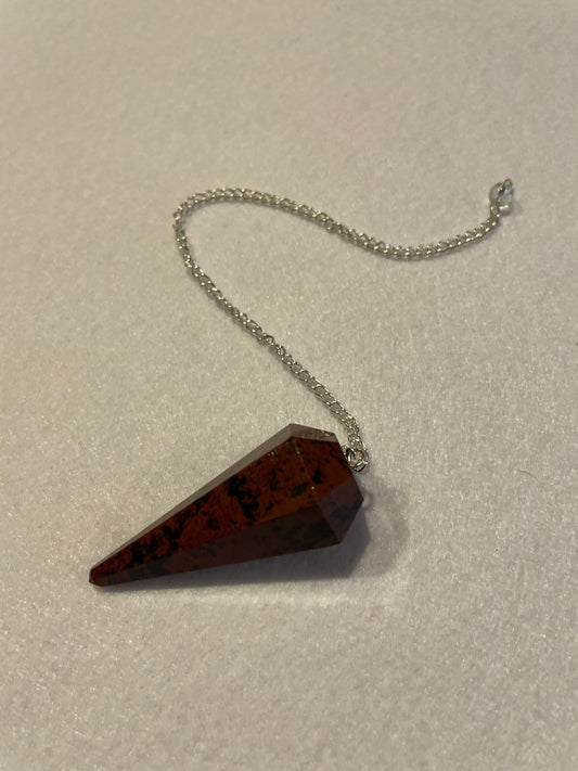 Beautiful Mahogany Obsidian Pendulum 2” stone with chain 9”.