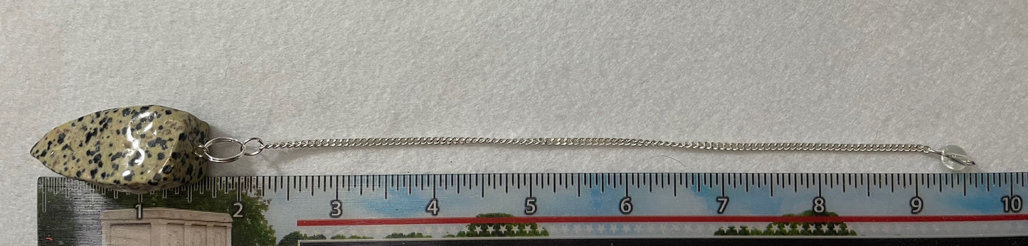 This Dalmatian Jasper Pendulum is 1.75” and with the chain is 9.5”