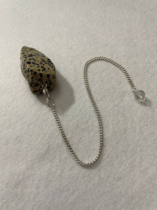 This Dalmatian Jasper Pendulum is  1.75” and with the chain is 9.5”