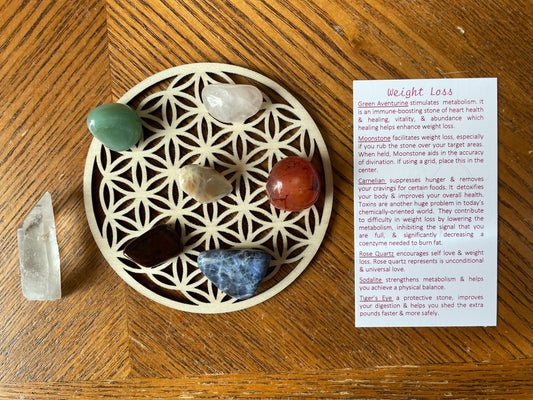 8 piece crystal weight loss set with Flower of Life grid