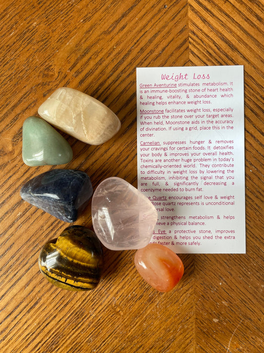 Weight loss crystal set includes 6 large tumbled crystal including a beautiful Tiger's Eye heart.