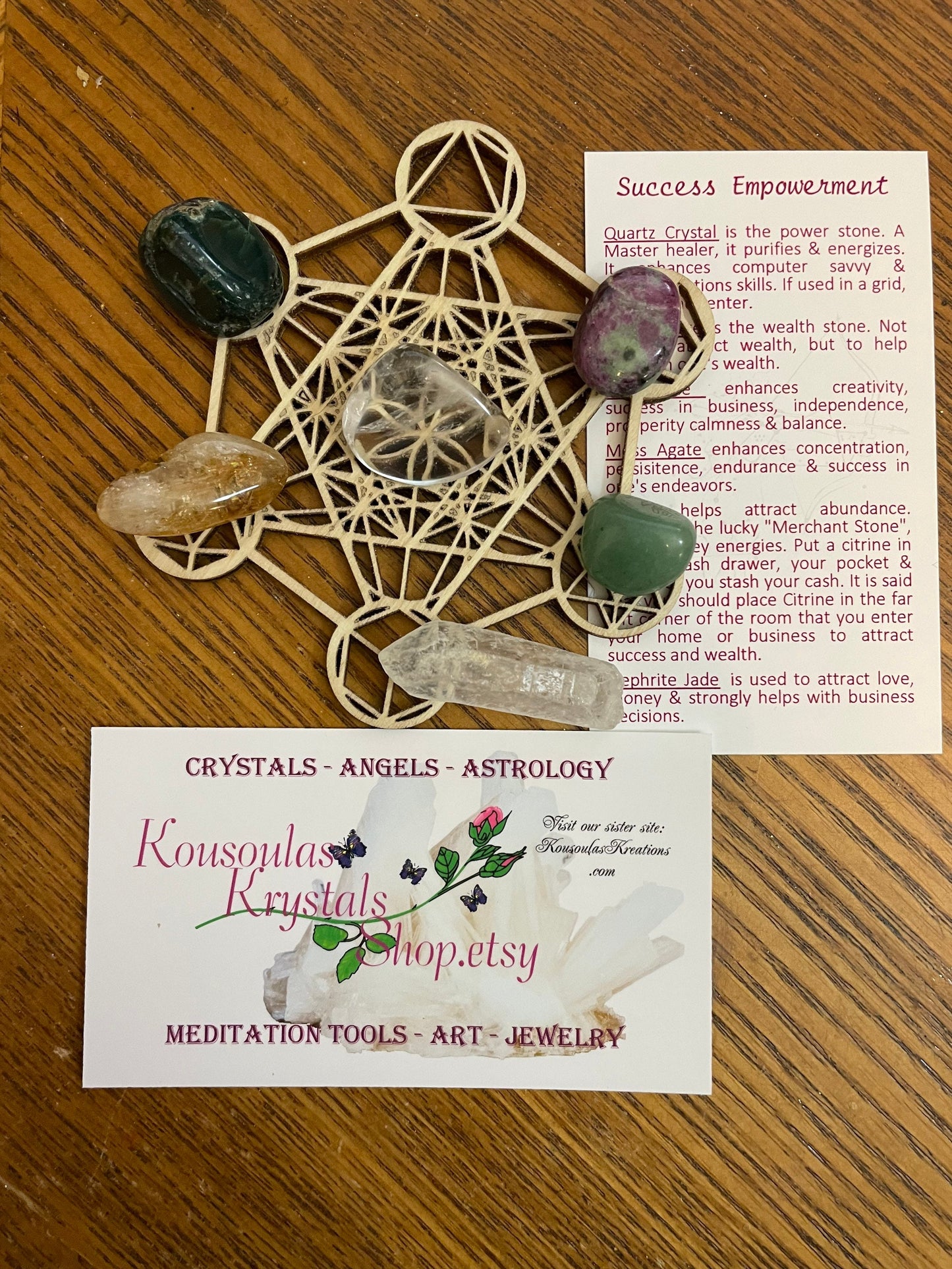 7 piece Success Empowerment crystal set with Metatrons Cube Grid