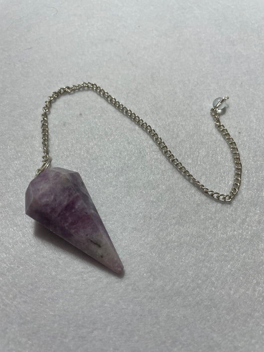 Gorgeous Lepidolite Pendulum is  1.75” and with chain is 9.25”