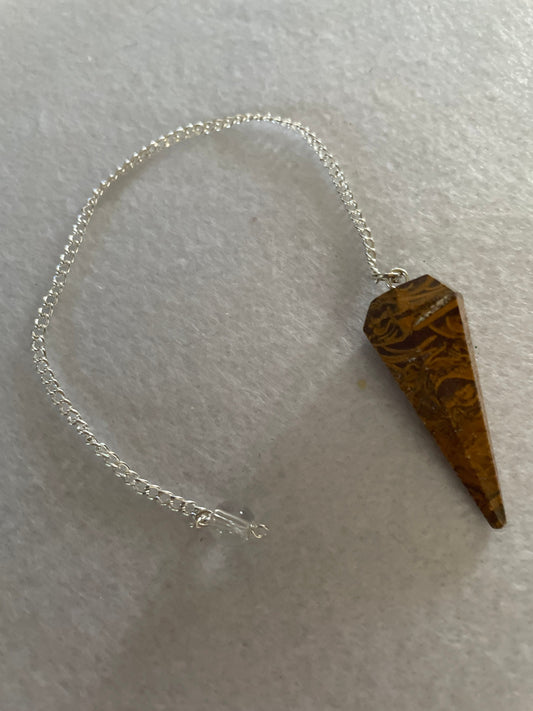 beautiful Yellow Jasper Pendulum is 1.50” and with the chain it is approximately 8”