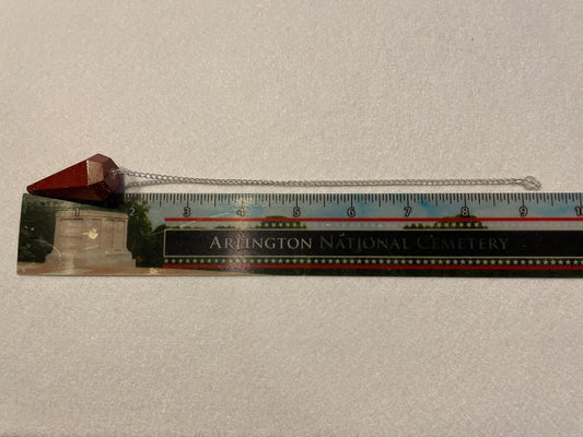 Beautiful Red Jasper Pendulum is 1.75” with chain 9.25”.