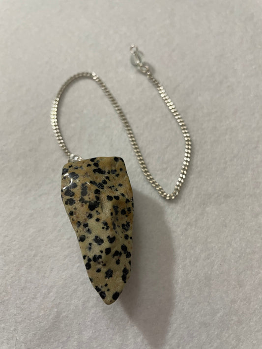 This Dalmatian Jasper Pendulum is  1.75” and with the chain is 9.5”