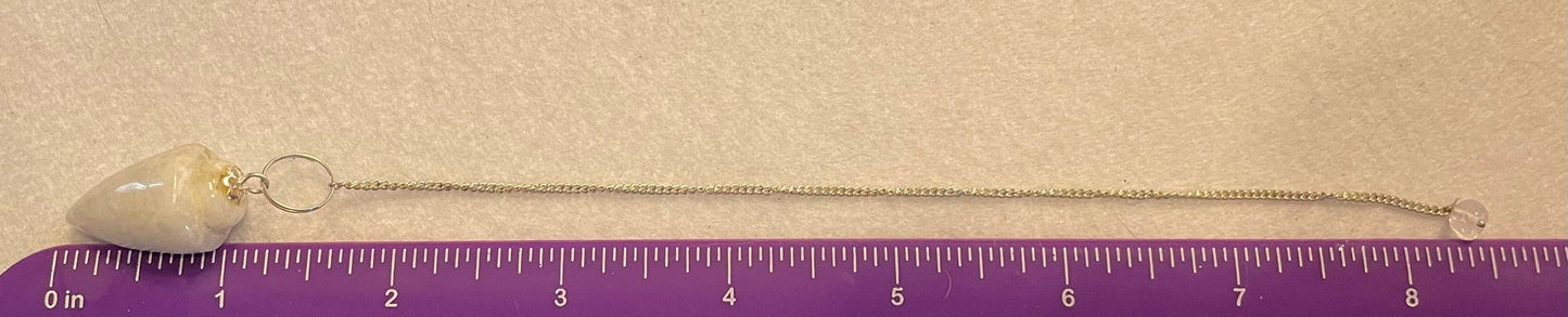 beautiful white Quartz pendulum is approximately 1 1/8” and with chain is 8.5” total length