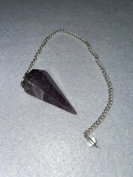 Lovely healing Amethyst Pendulum is  1.65” and with chain is 9.5”.