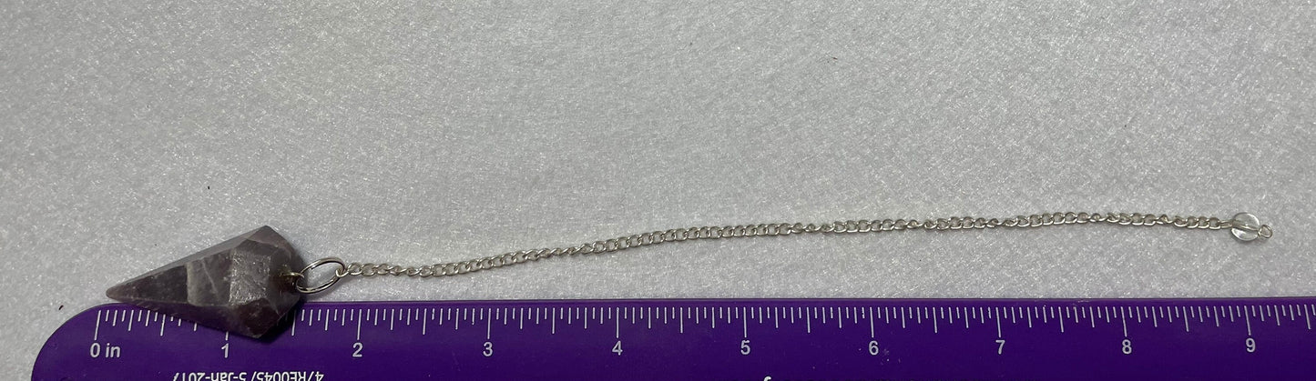 Lovely healing Amethyst Pendulum is 1.65” and with chain is 9.5”.