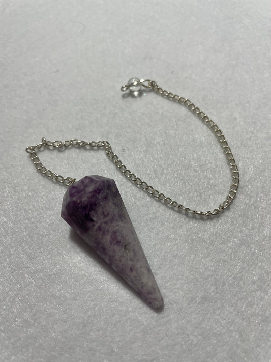Pretty purple Lepidolite Pendulum is 1.65” and with chain is 9”