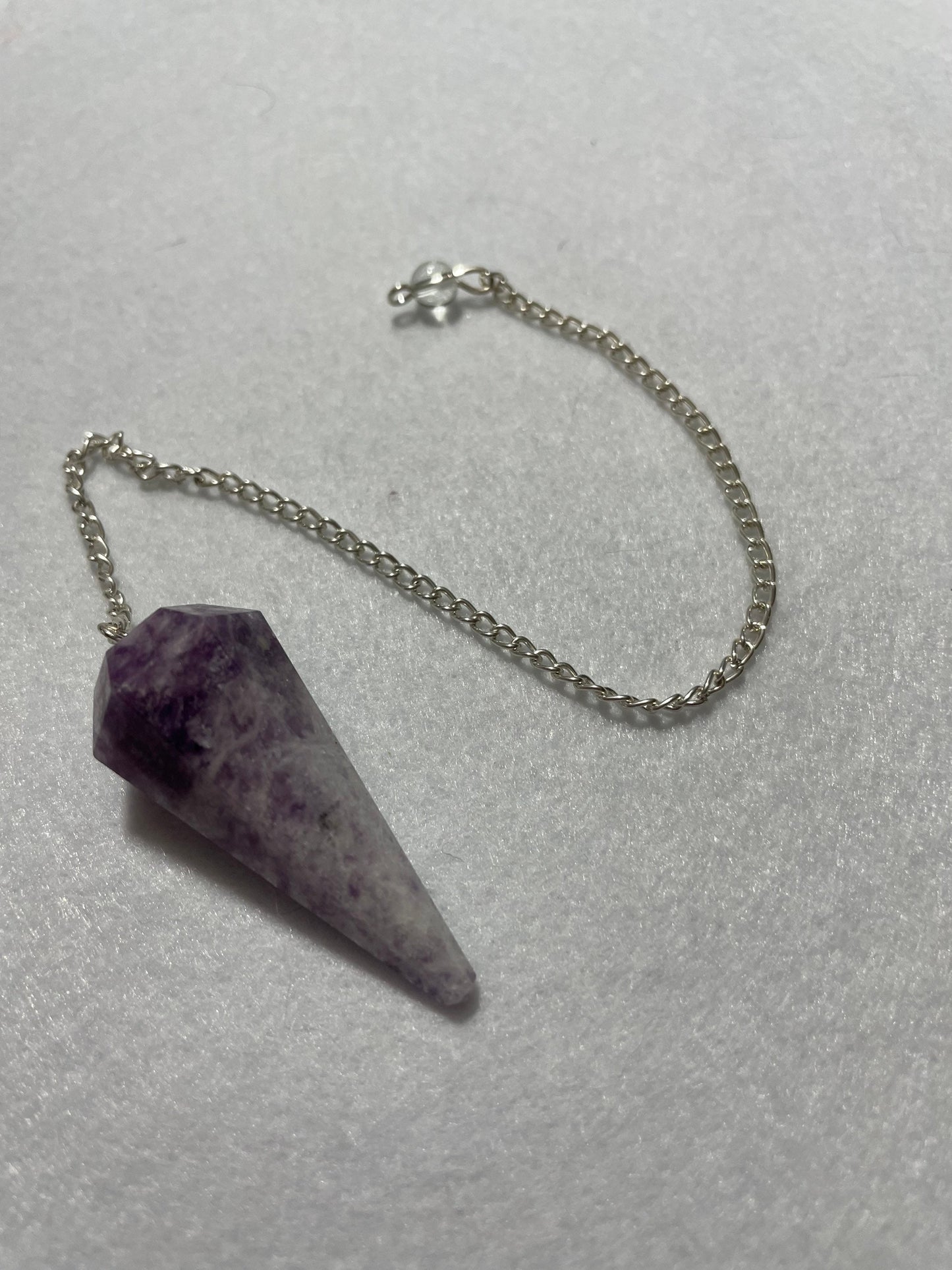 Pretty purple Lepidolite Pendulum is 1.65” and with chain is 9”