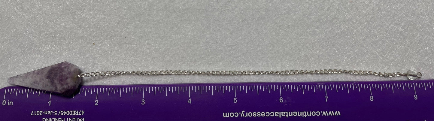 Pretty purple Lepidolite Pendulum is 1.65” and with chain is 9”