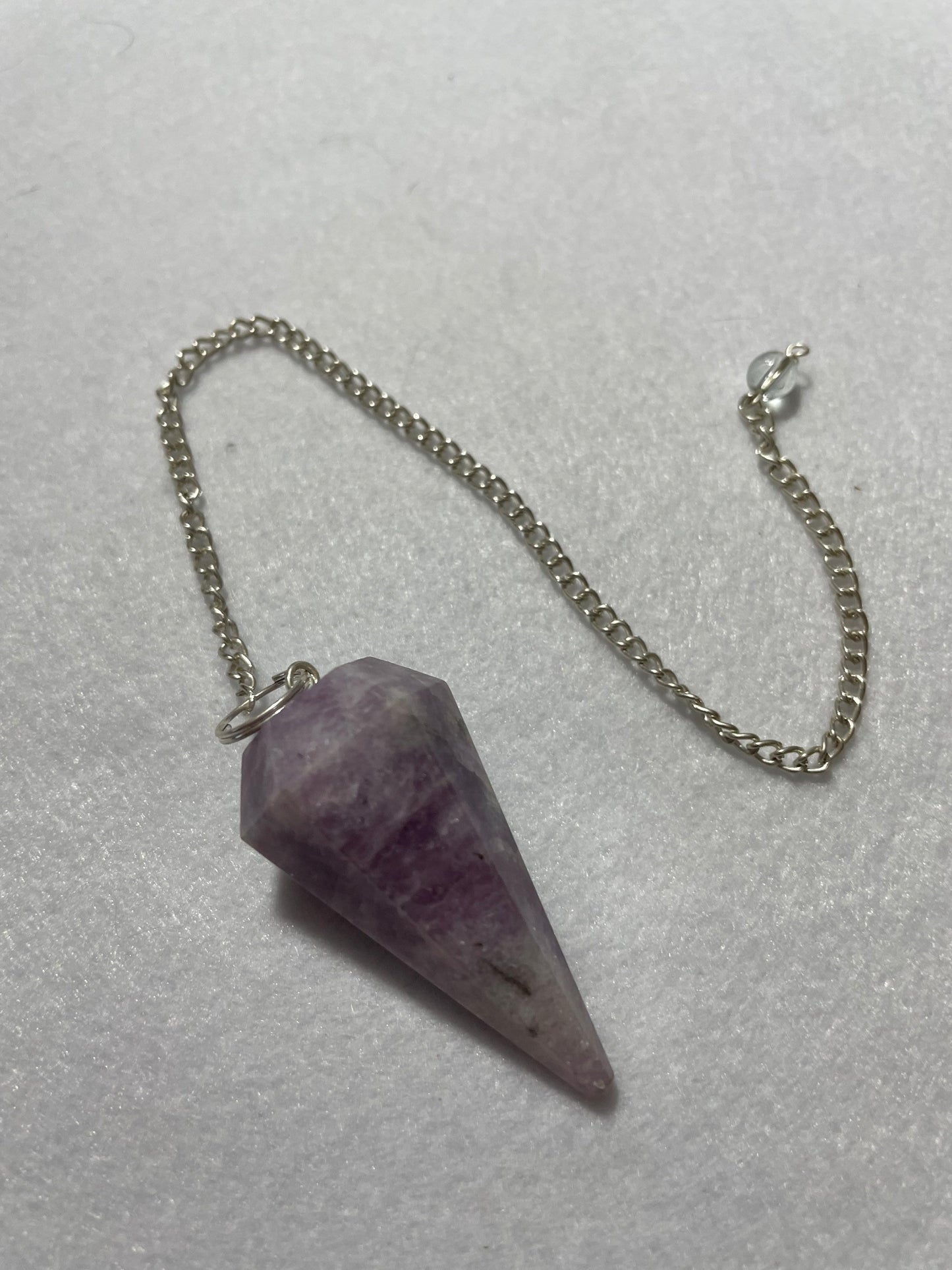 Gorgeous Lepidolite Pendulum is 1.75” and with chain is 9.25”