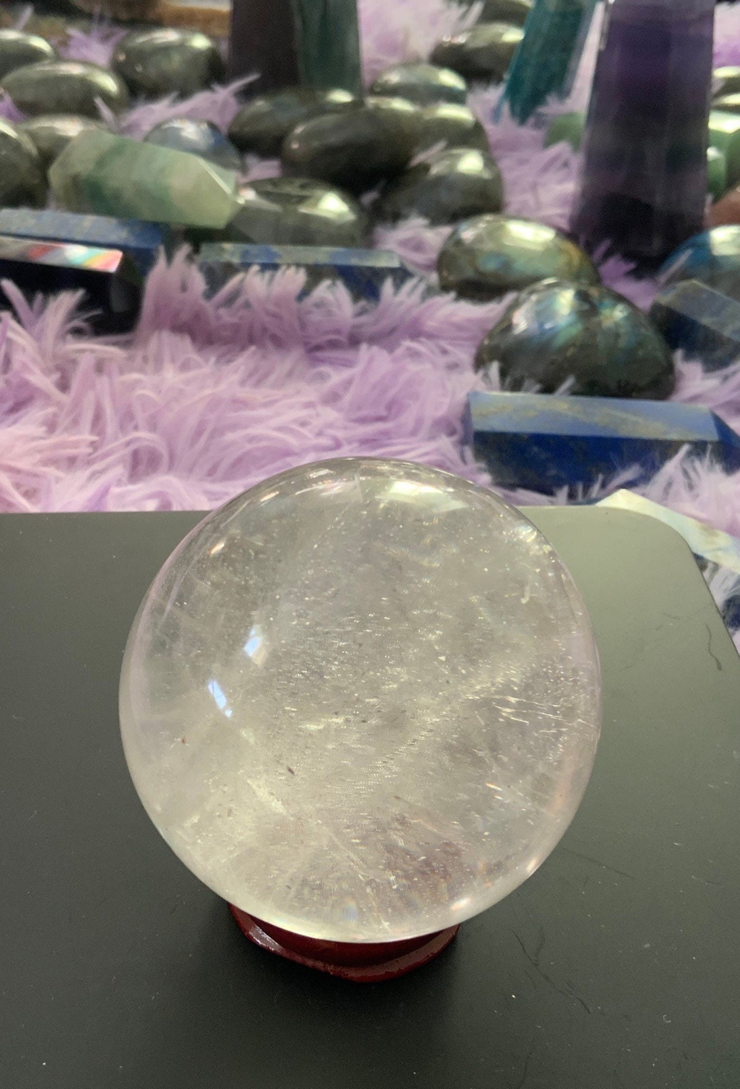 Beautiful 10.3 oz crystal clear quartz sphere crystal ball with wooden stand