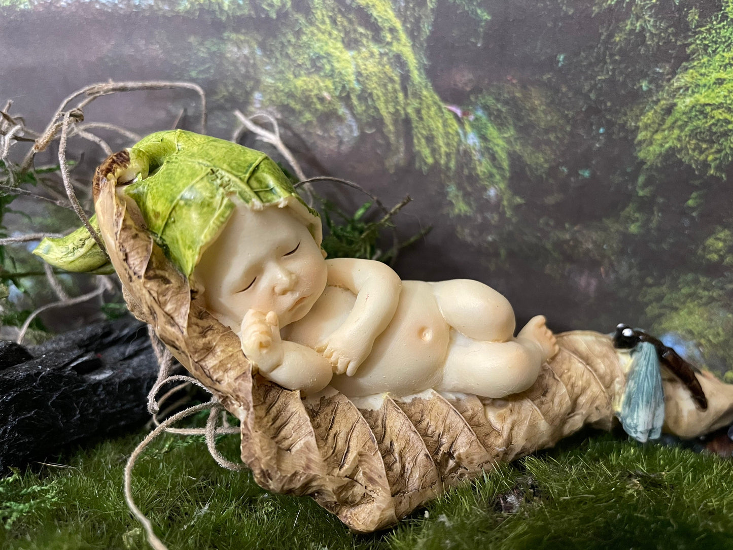 Baby Fairy laying on a leaf with a blue dragonfly looking on.