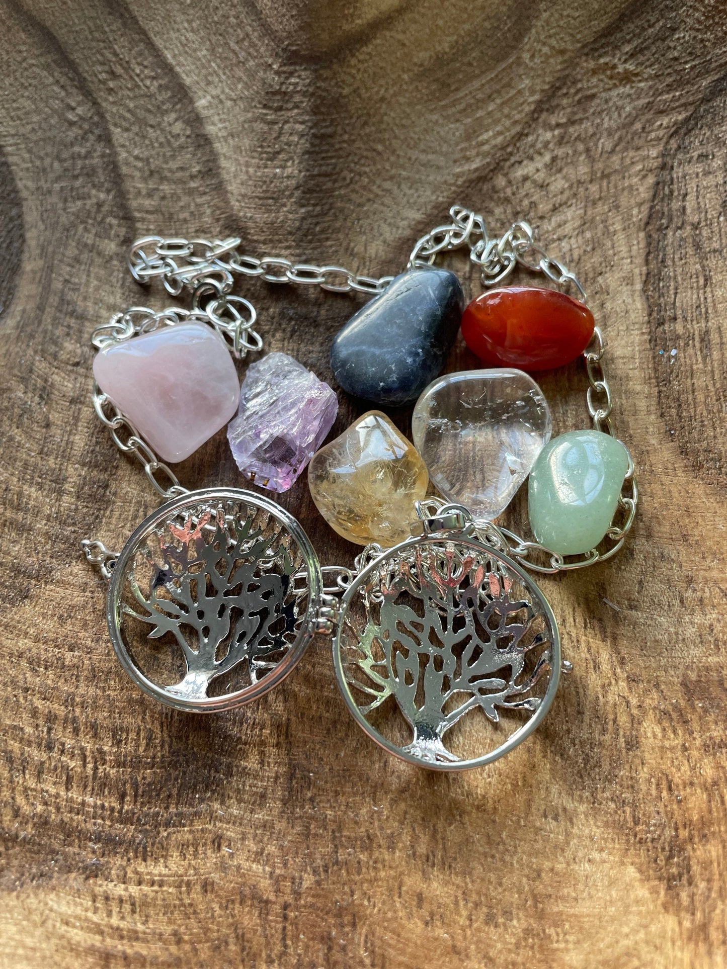 Silver round Tree of Life locket with 7 interchangeable crystals on 16+ inch silver plated chain