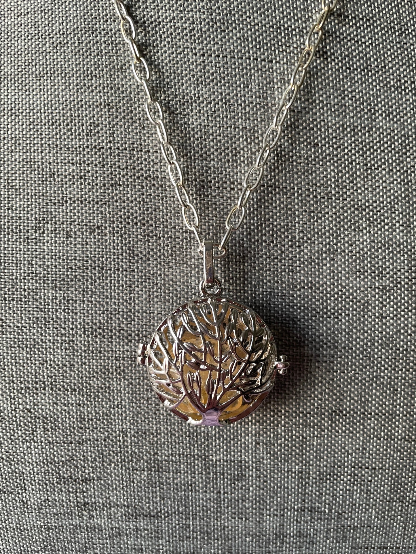 Silver round Tree of Life locket with 7 interchangeable crystals on 16+ inch silver plated chain